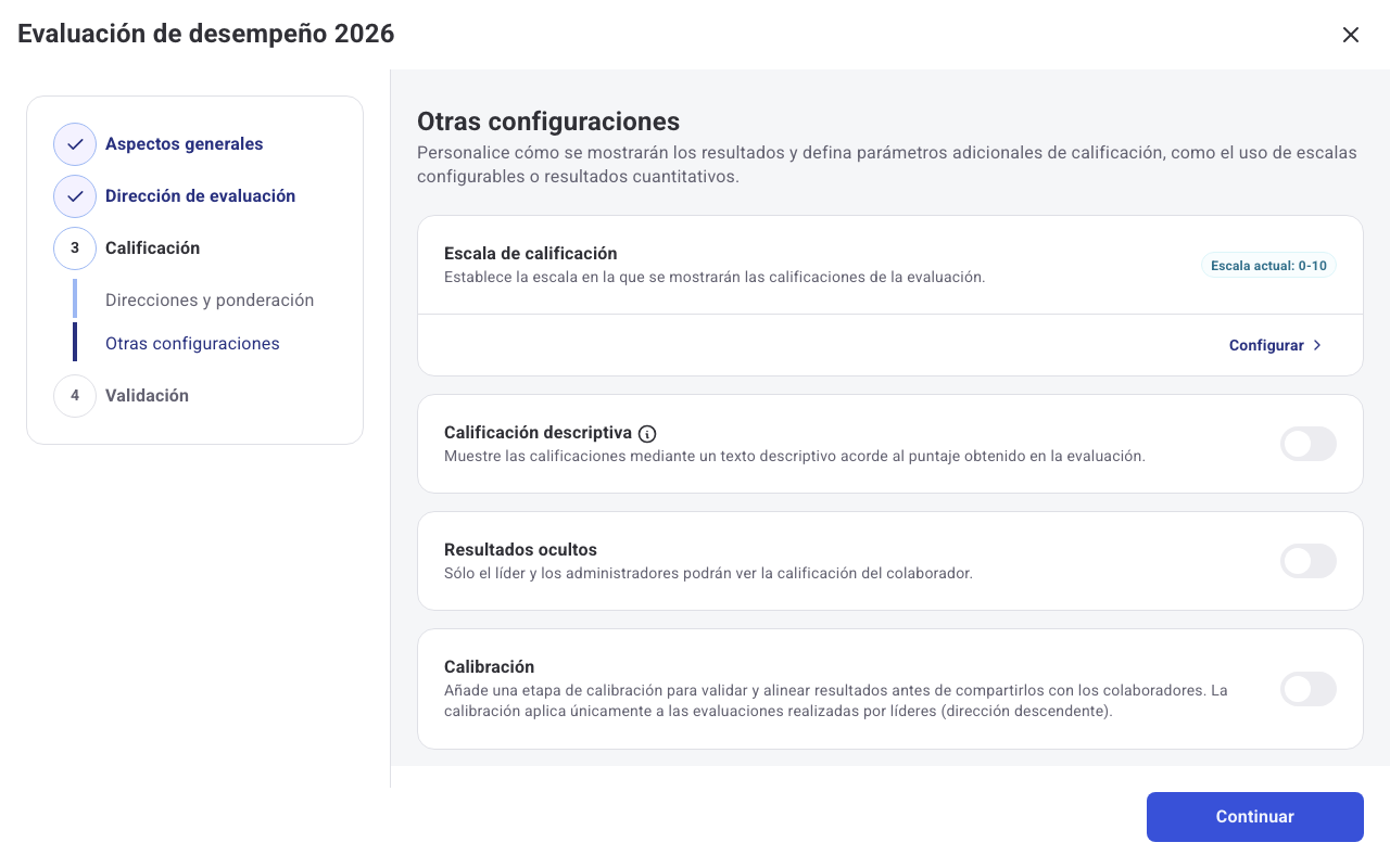 Paso Otras configuraciones con Escala de calificación, Calificación descriptiva, Resultados ocultos y Calibración