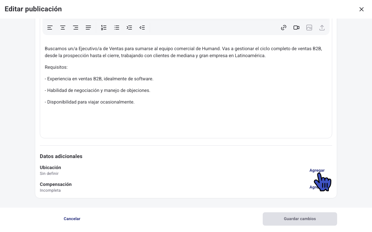 Datos adicionales con Ubicación Sin definir y Compensación Incompleta, con el botón Agregar