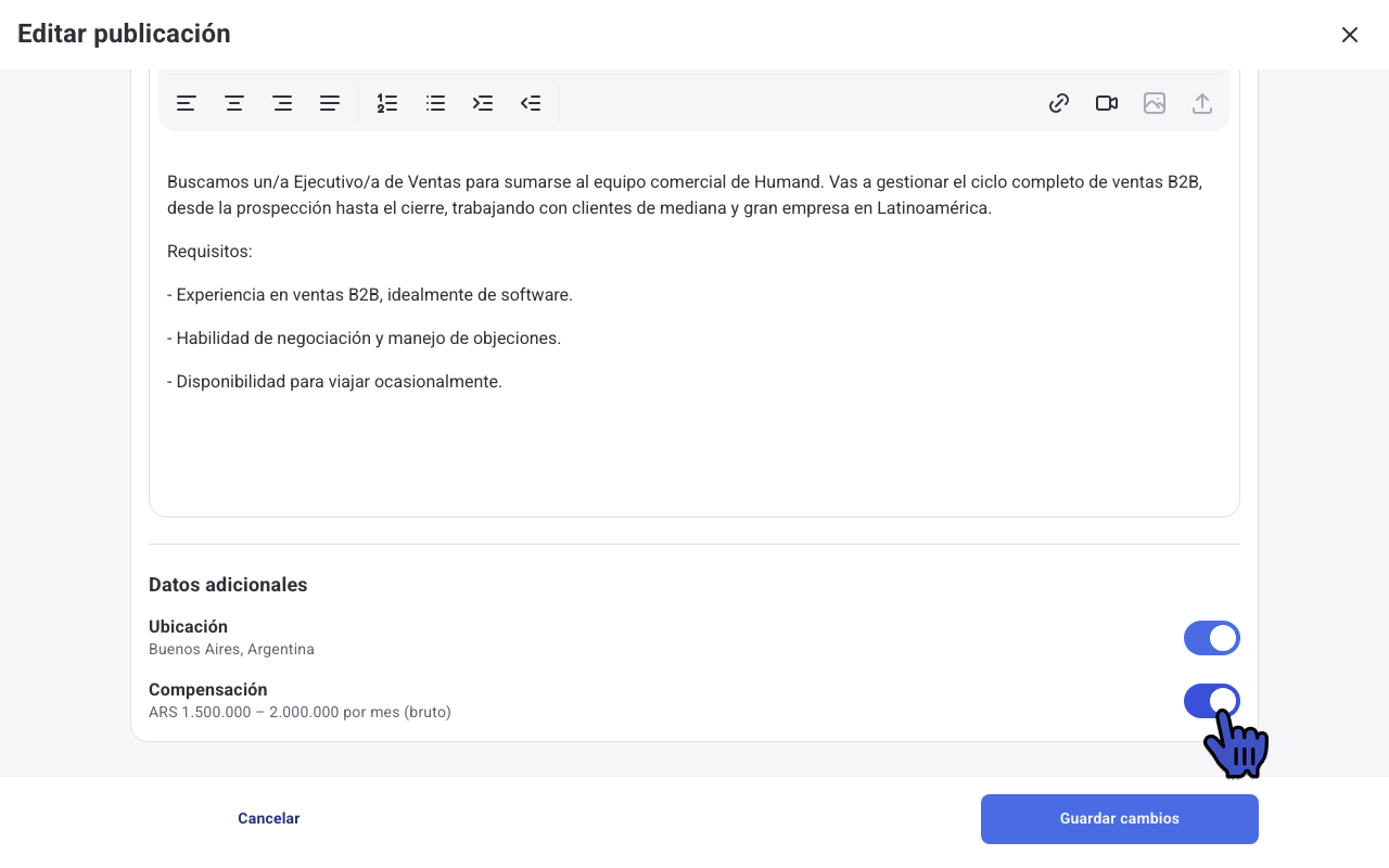 Datos adicionales con Ubicación y Compensación activadas en Editar publicación