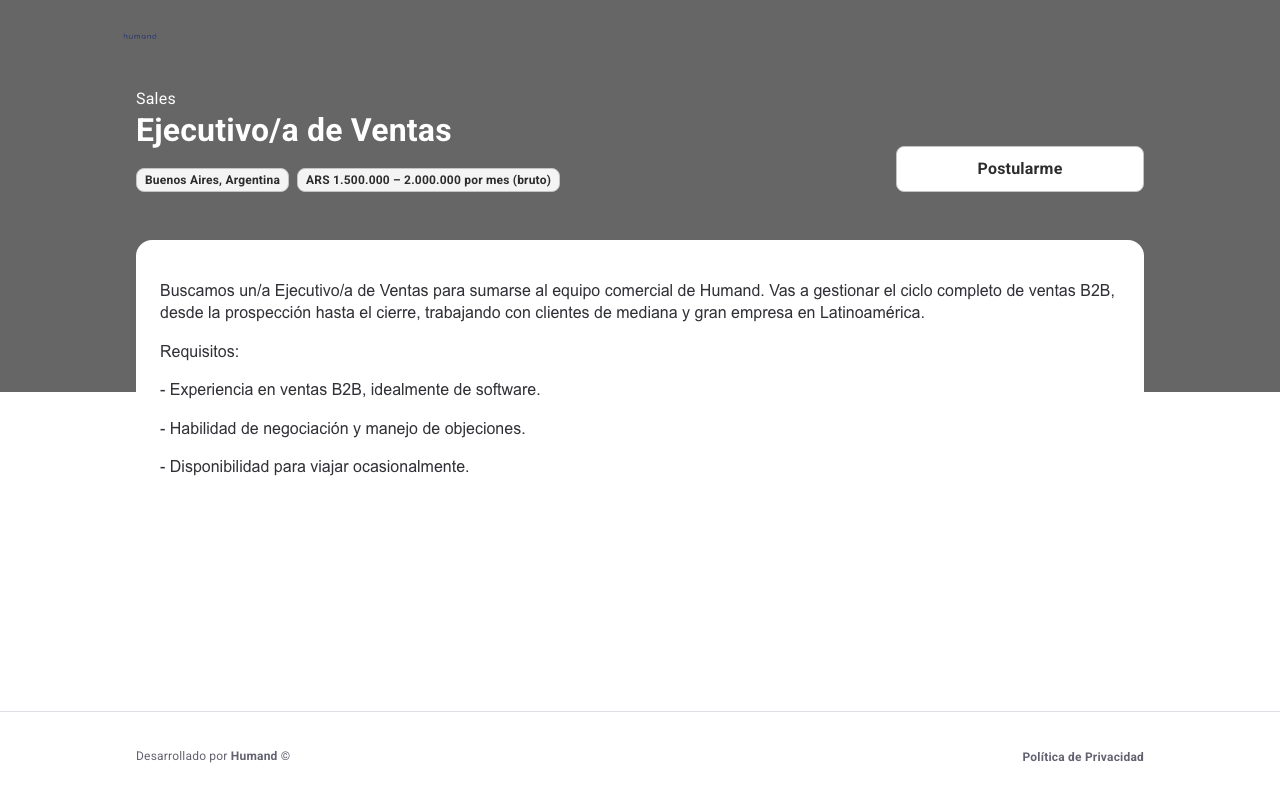 Detalle del empleo en el Sitio de empleos con la ubicación y la compensación