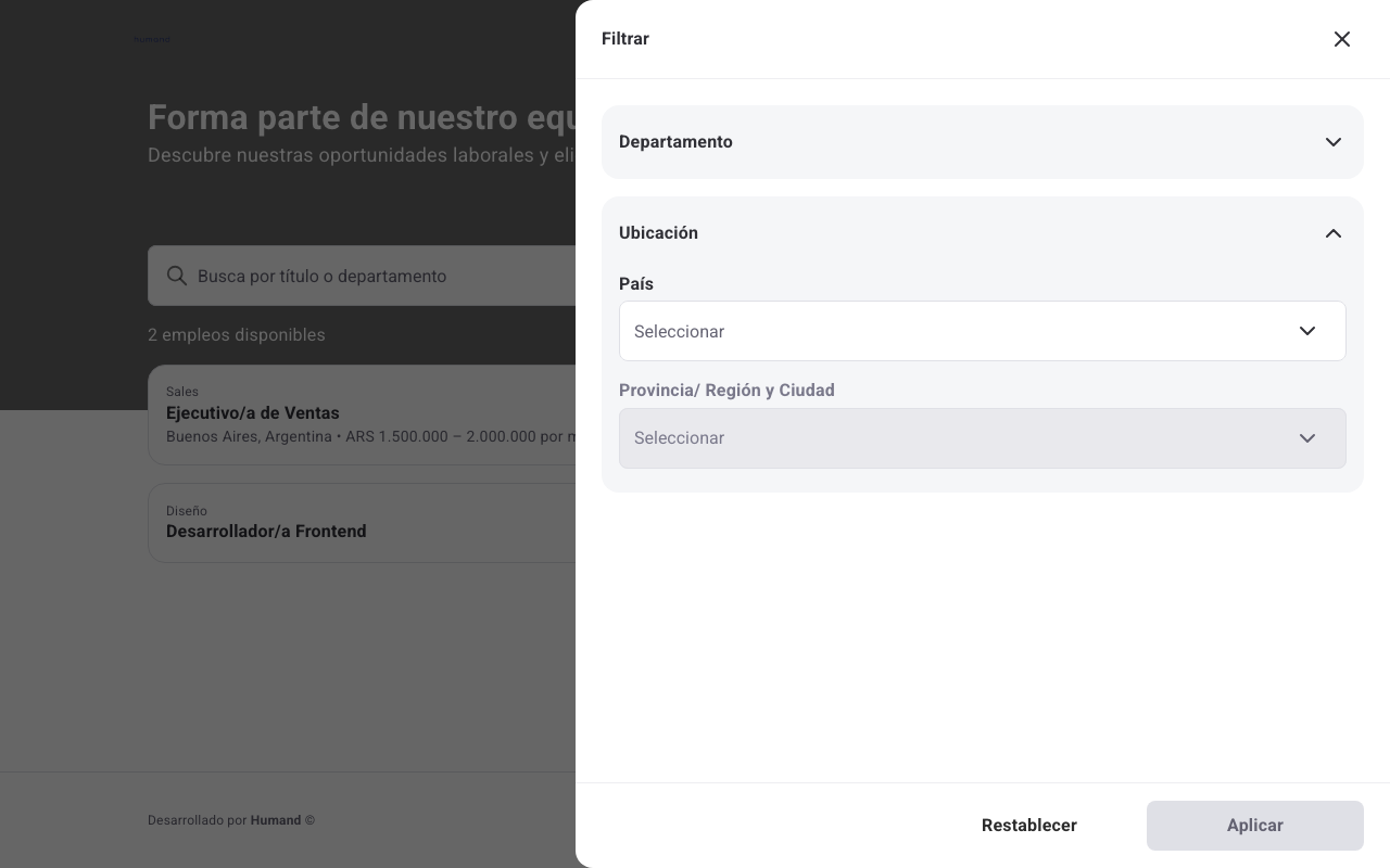 Filtro de Ubicación del Sitio de empleos con los campos País y Provincia/Región y Ciudad