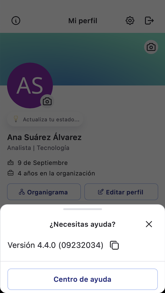 Ventana ¿Necesitas ayuda? con el número de versión de la app