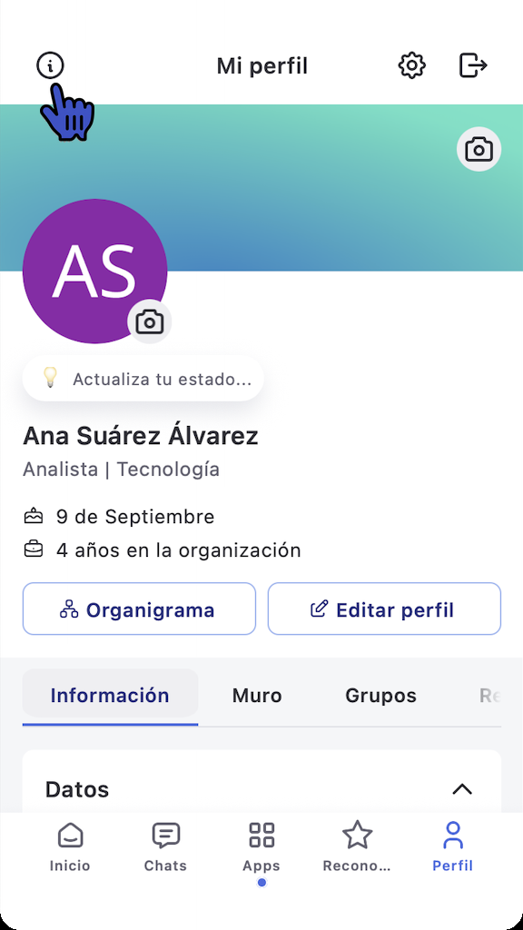 Pantalla Mi perfil con el ícono de información señalado