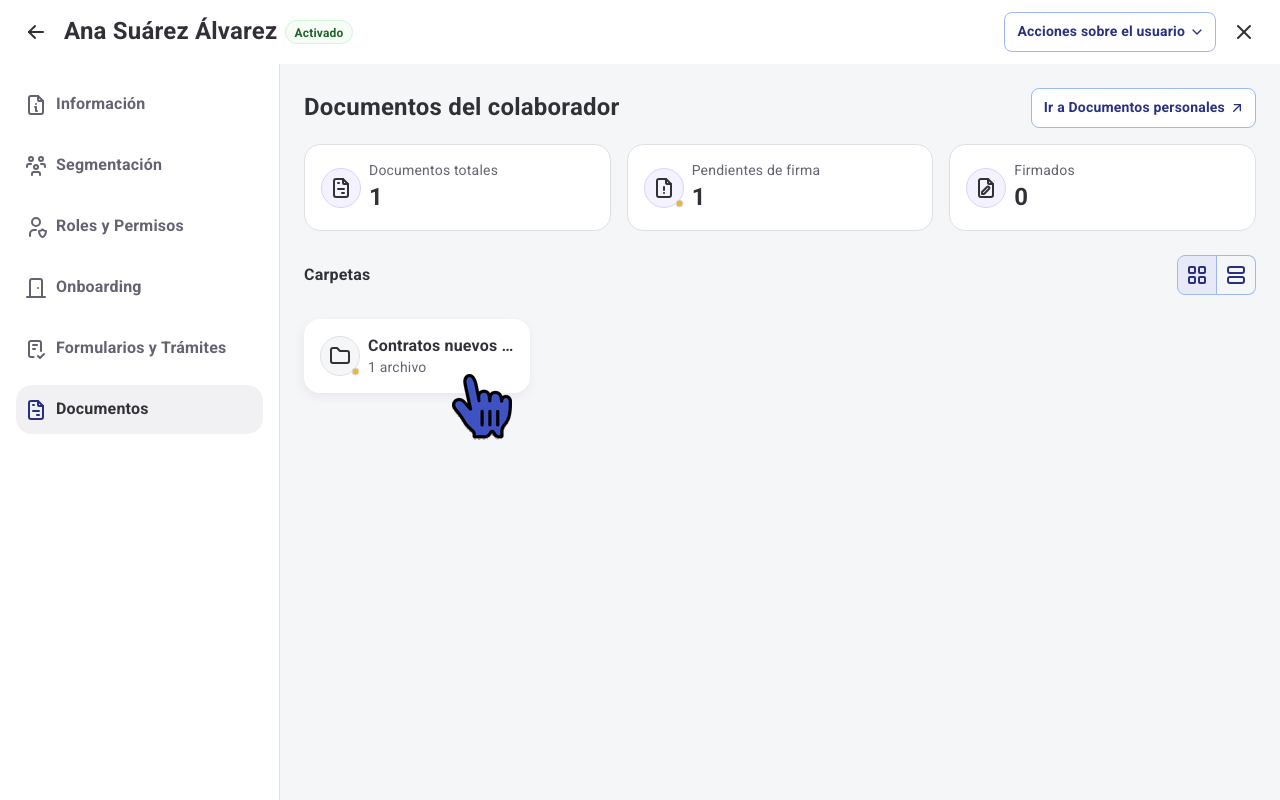 Sección Documentos del legajo digital con el resumen de documentos y las carpetas del colaborador