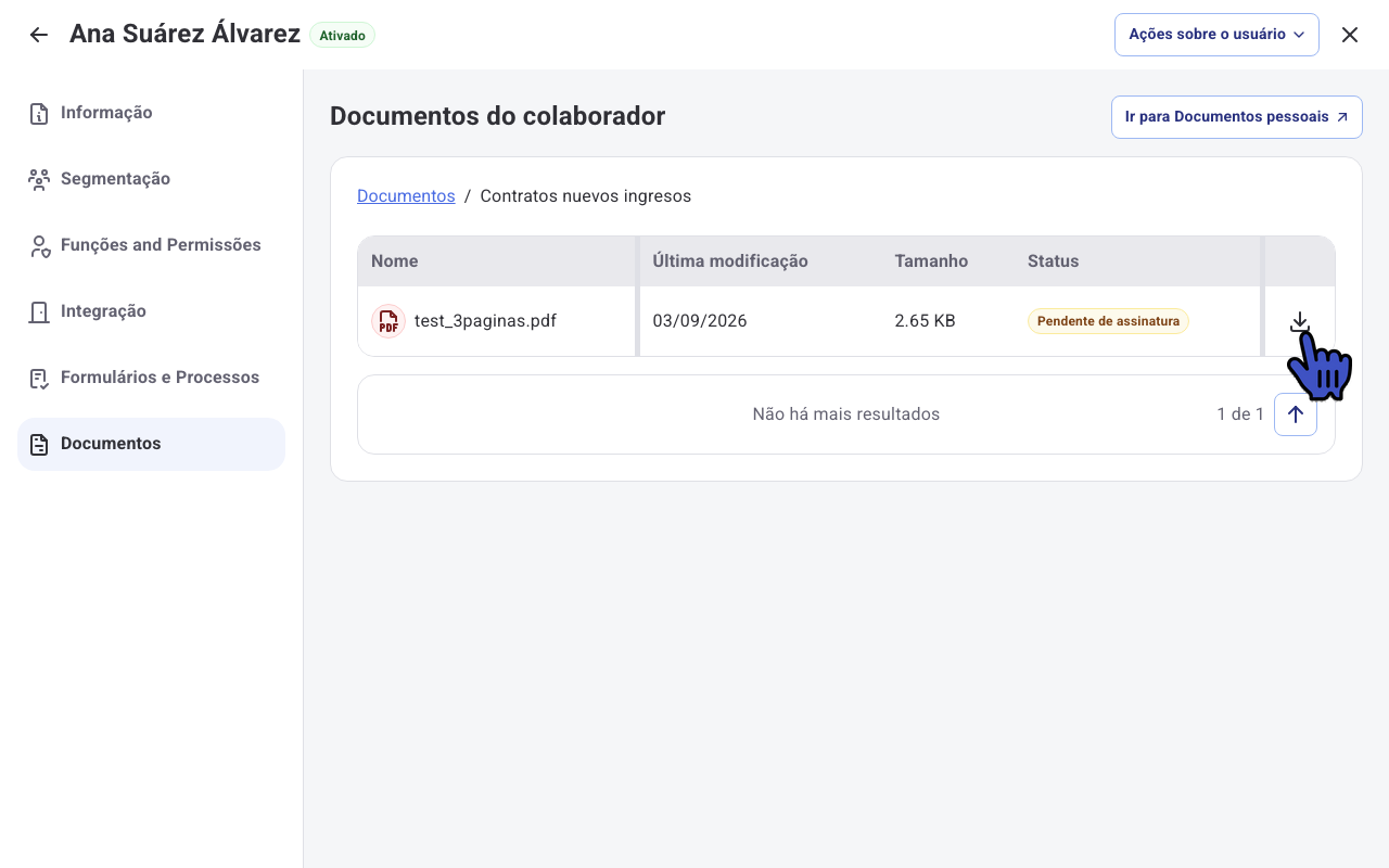 Conteúdo de uma pasta no prontuário com o caminho de navegação e o ícone de download do arquivo