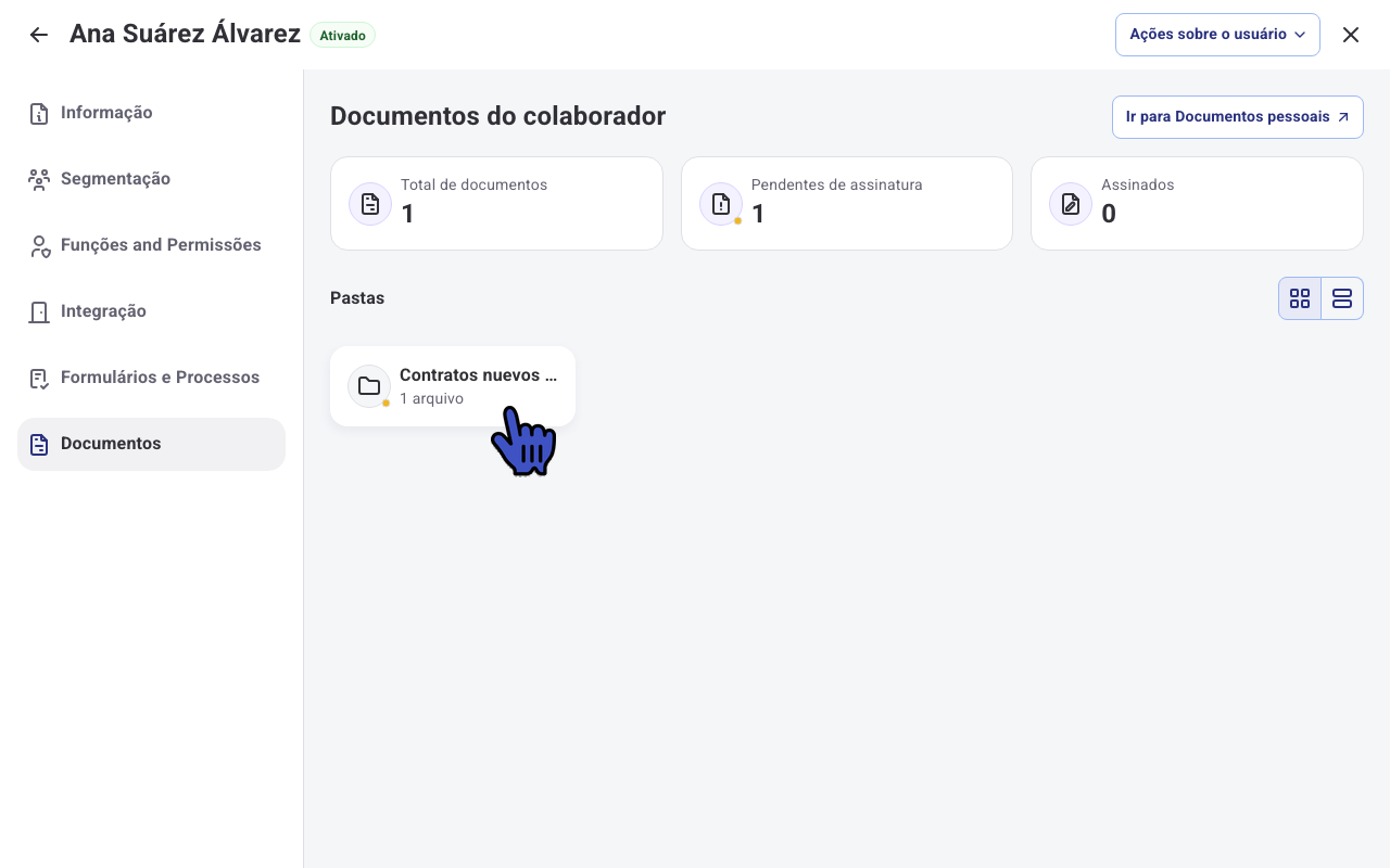 Seção Documentos do prontuário digital com o resumo de documentos e as pastas do colaborador