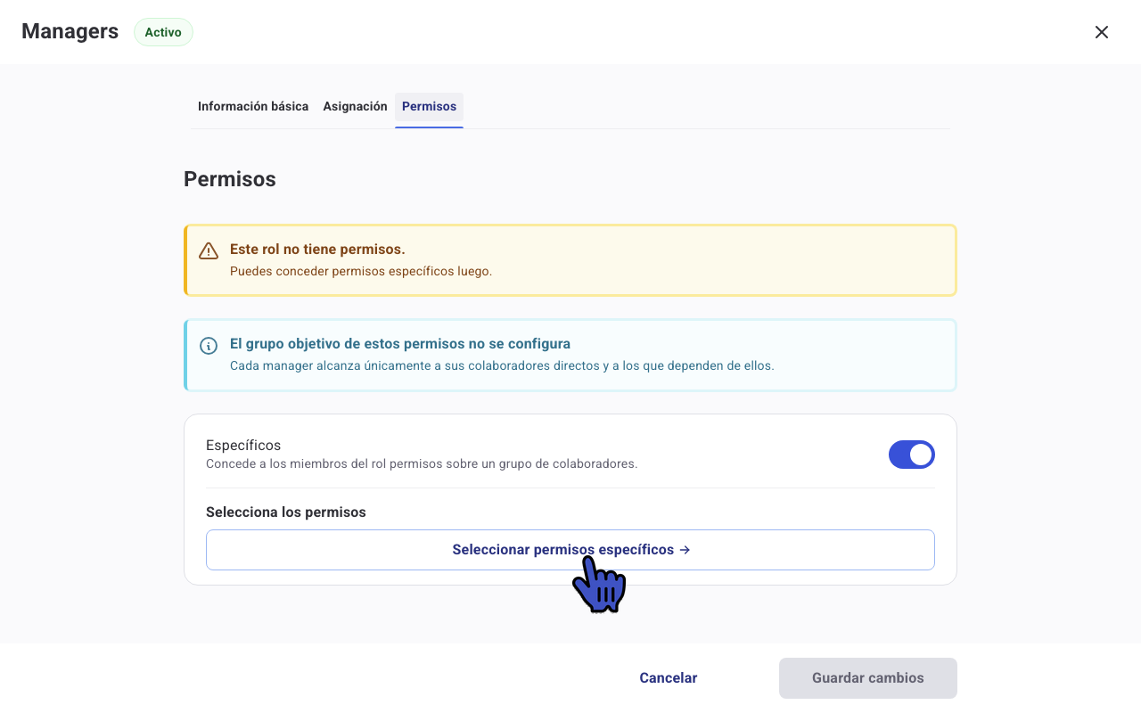 Opción Específicos activada y botón Seleccionar permisos específicos