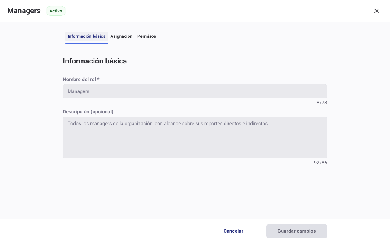 Pestaña Información básica del rol Managers con el nombre y la descripción en solo lectura