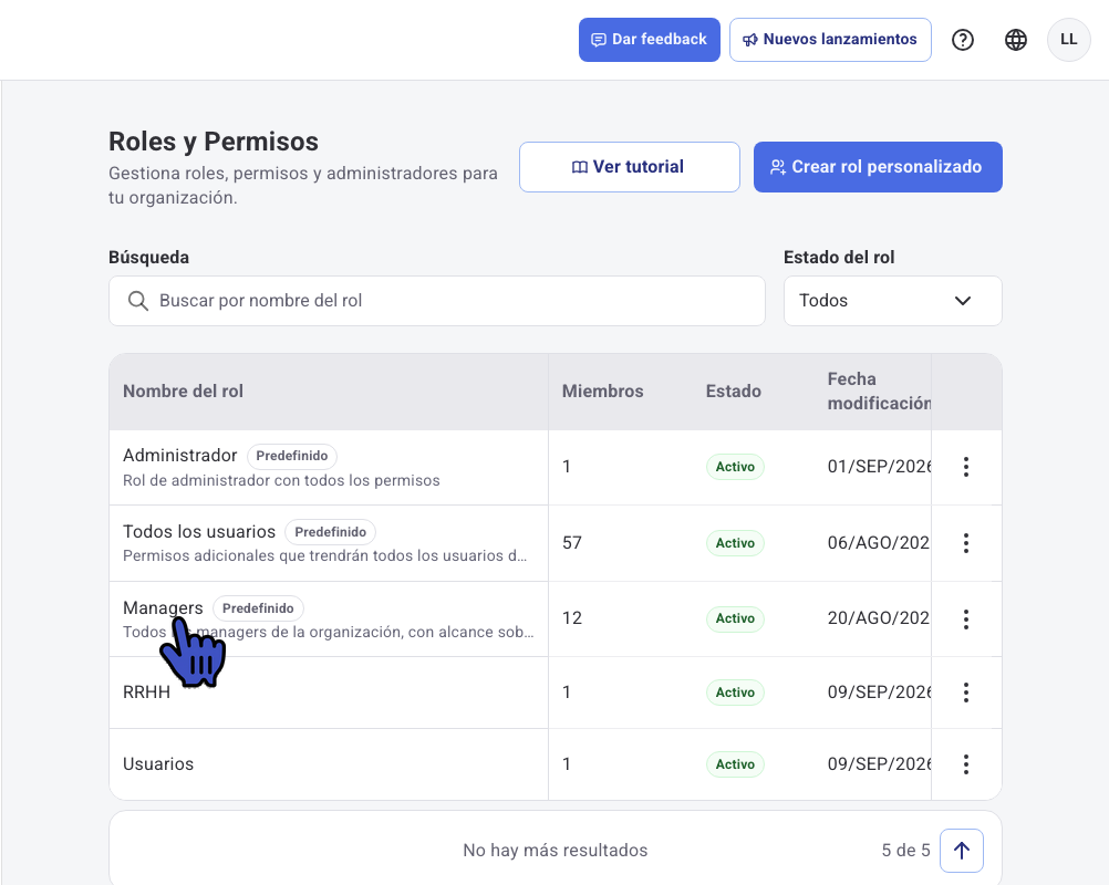Listado de Roles y Permisos con el rol predefinido Managers