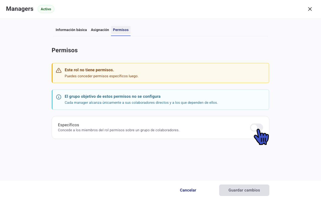 Pestaña Permisos del rol Managers con la opción Específicos