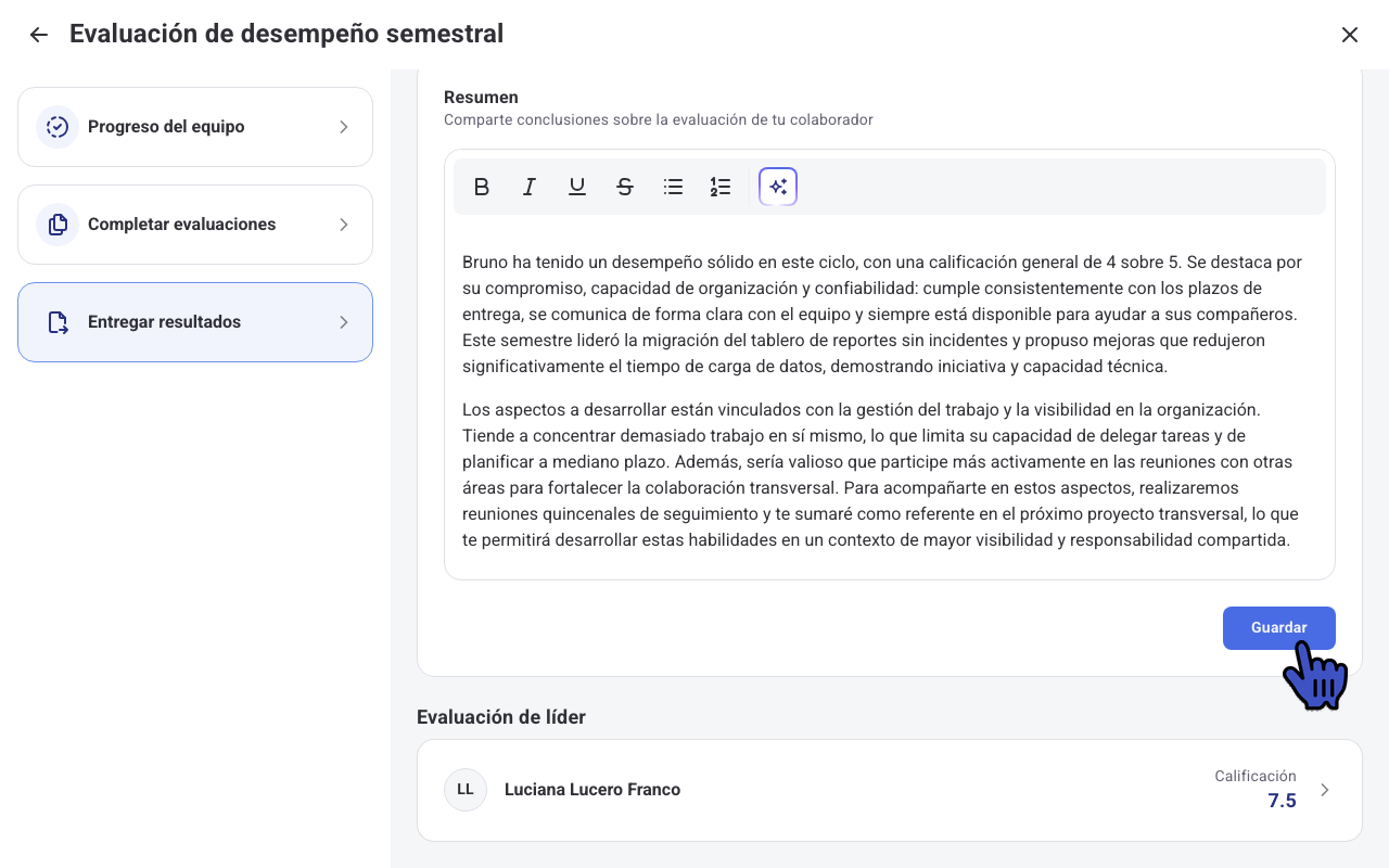 Resumen de evaluación generado con IA y botón Guardar