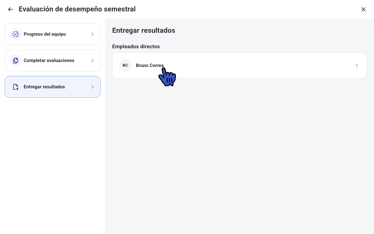 Sección Entregar resultados con el listado de empleados directos del líder