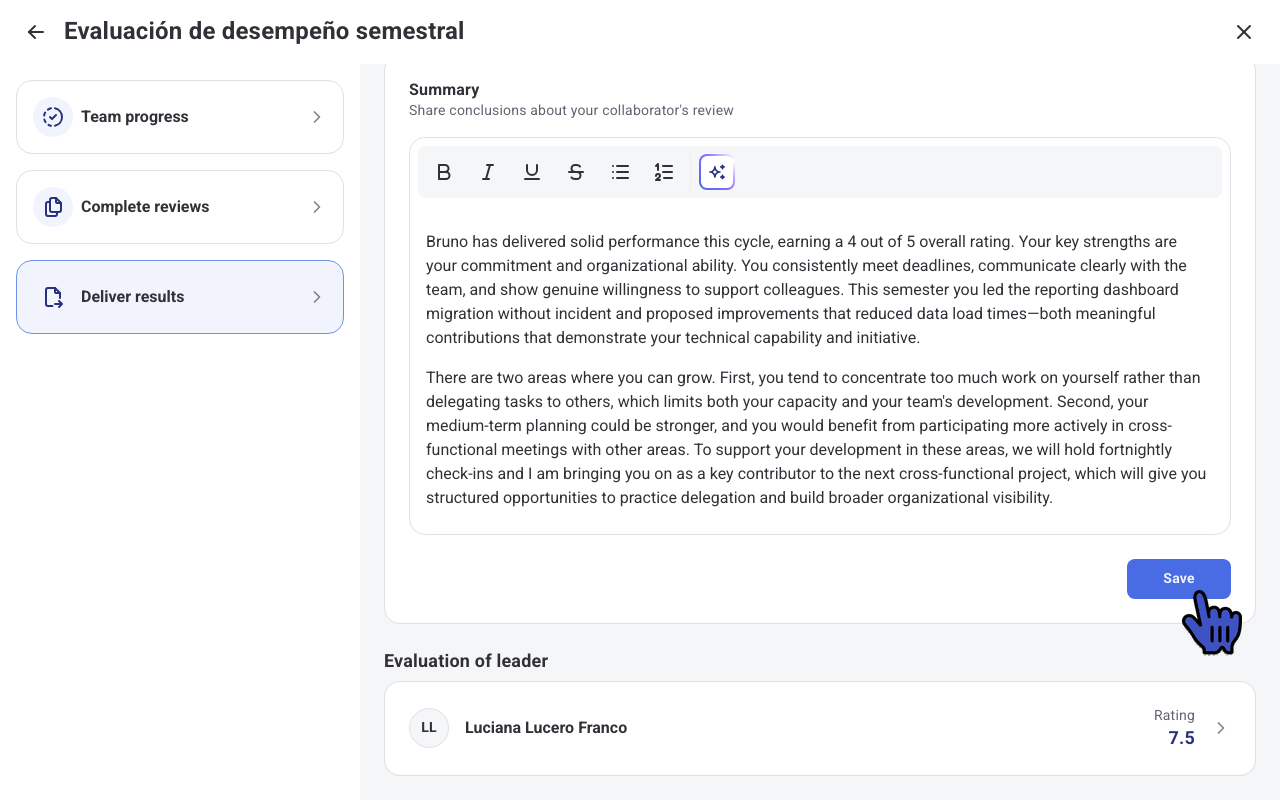 Evaluation summary generated with AI and the Save button