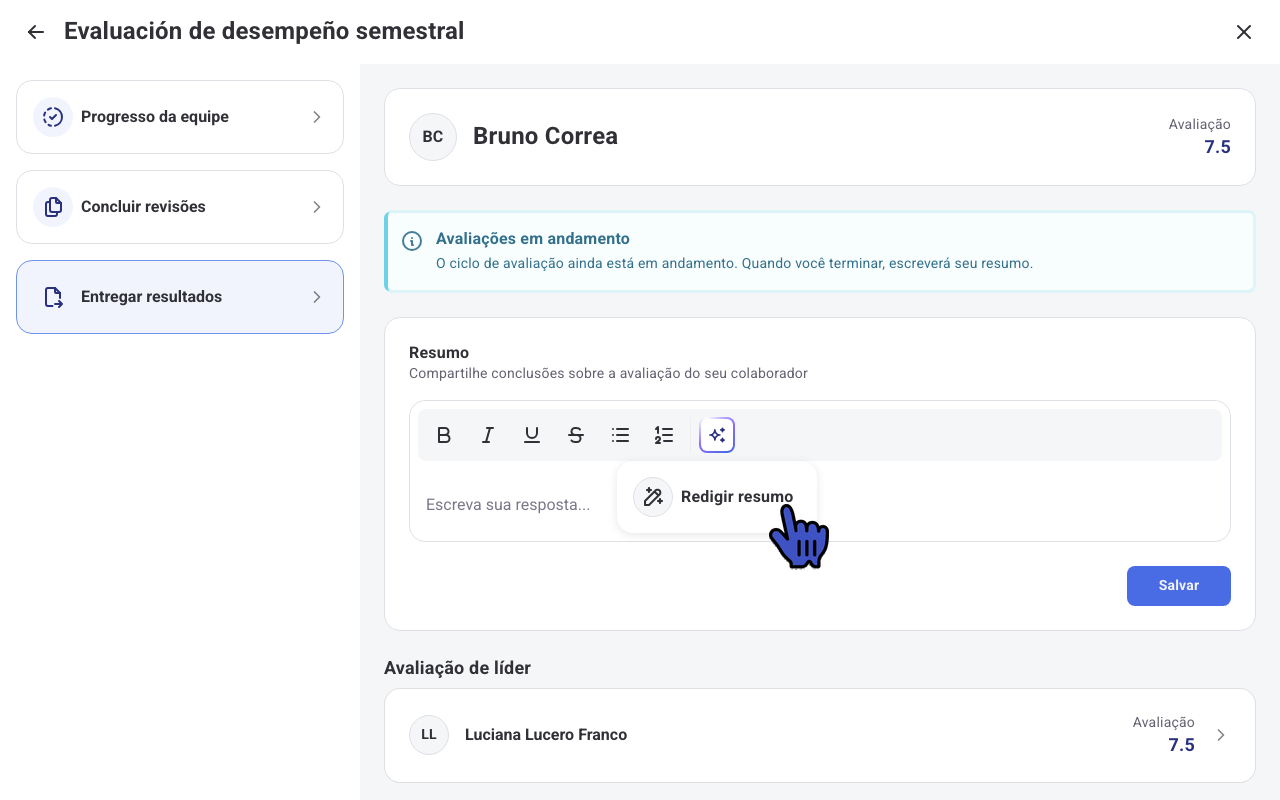 Campo Resumo com o menu do Assistente de IA e a opção Redigir resumo