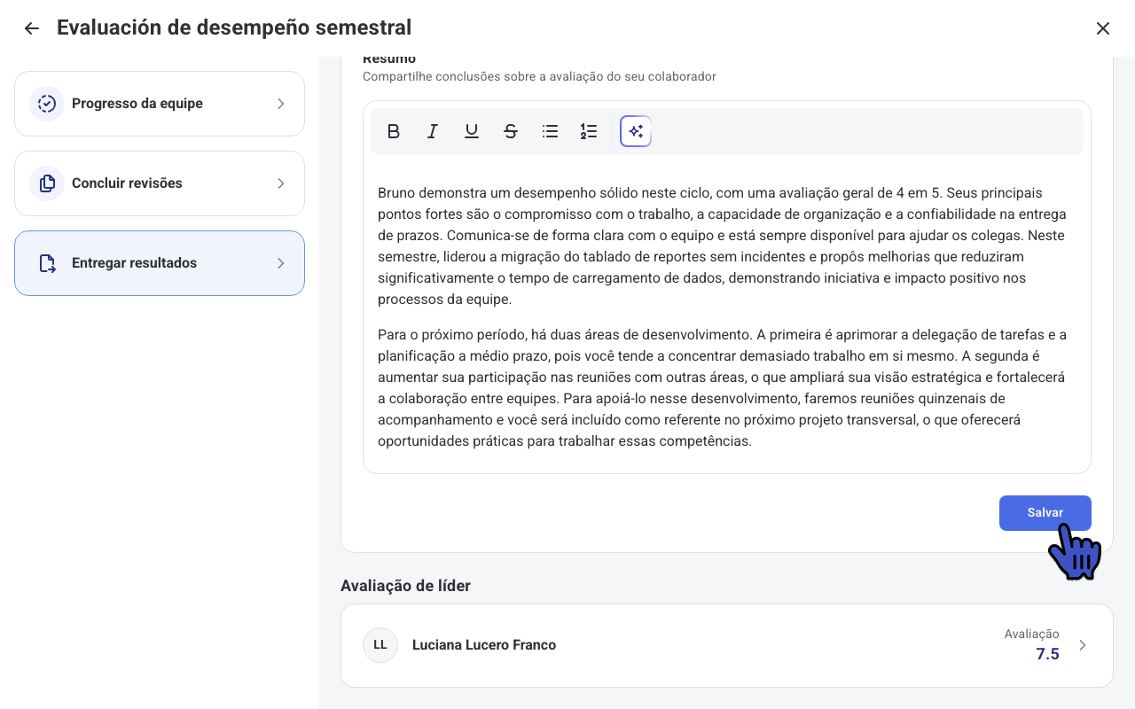 Resumo da avaliação gerado com IA e o botão Salvar