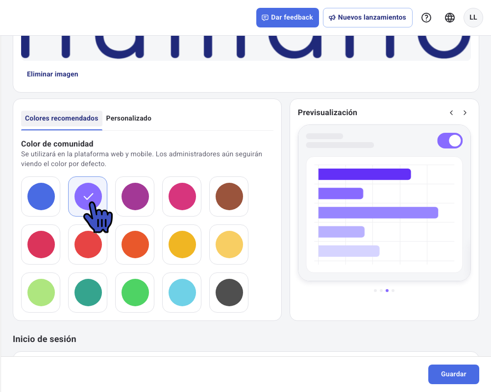 Colores recomendados con un color seleccionado y la Previsualización actualizada
