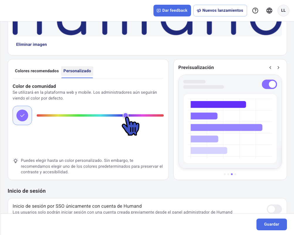 Pestaña Personalizado con el selector de tono y la Previsualización
