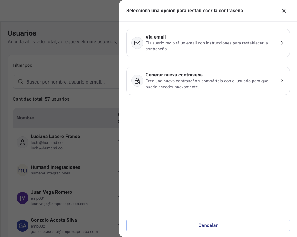 Panel Selecciona una opción para restablecer la contraseña con las opciones Vía email y Generar nueva contraseña