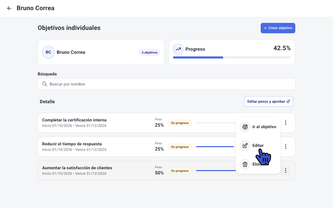 Menú de tres puntos de un objetivo con las opciones Ir al objetivo, Editar y Eliminar
