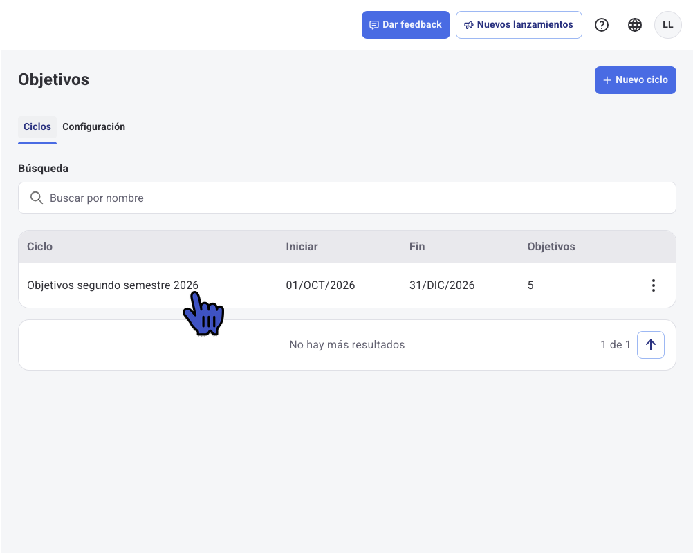 Listado de ciclos de objetivos en el administrador