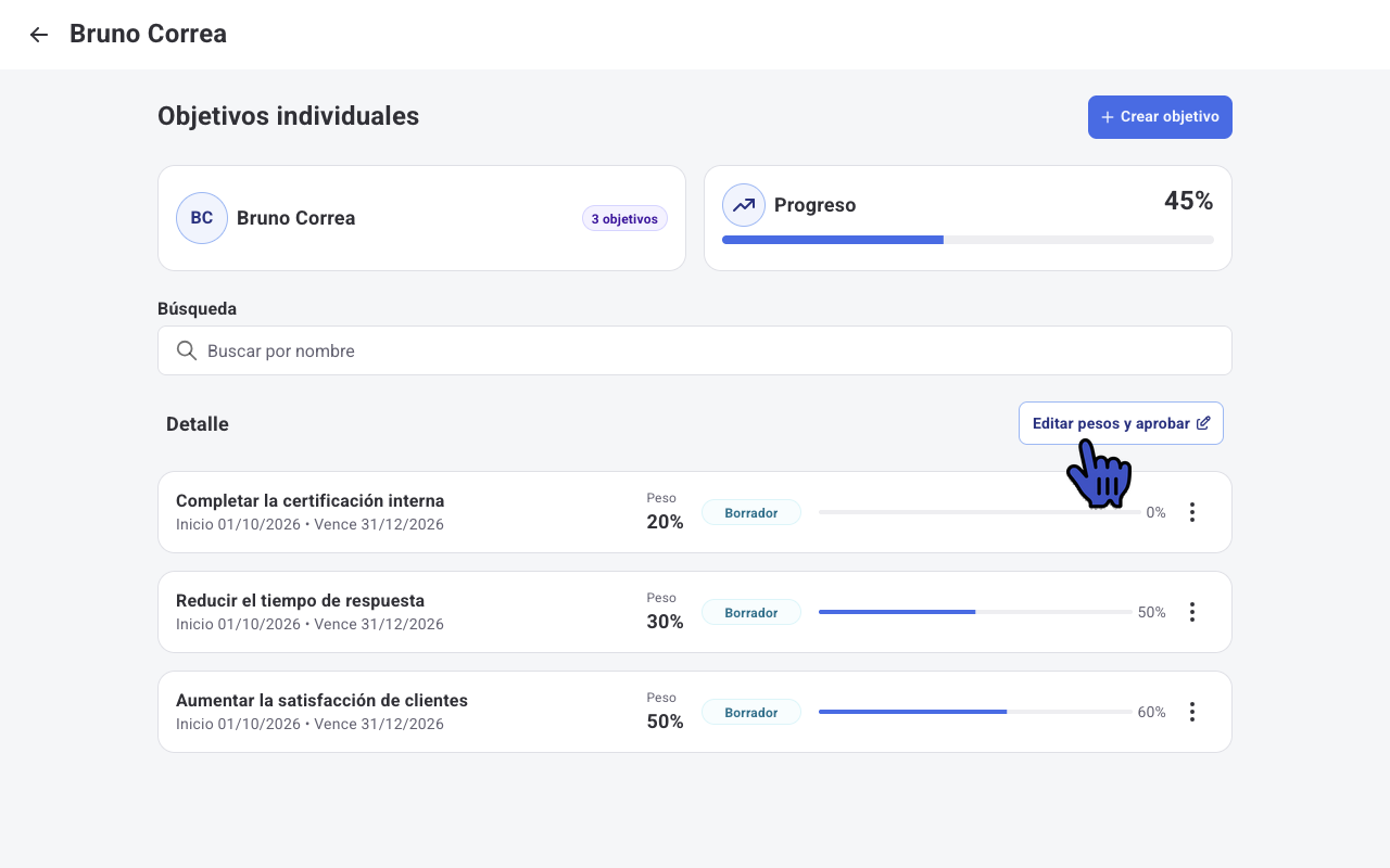 Botón Editar pesos y aprobar en los objetivos individuales del colaborador