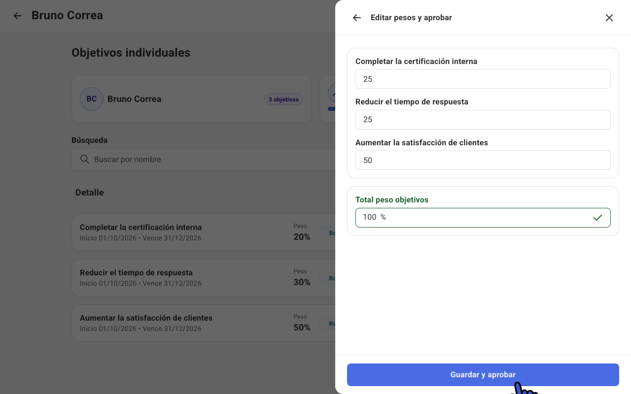 Panel Editar pesos y aprobar con el total de pesos en 100%