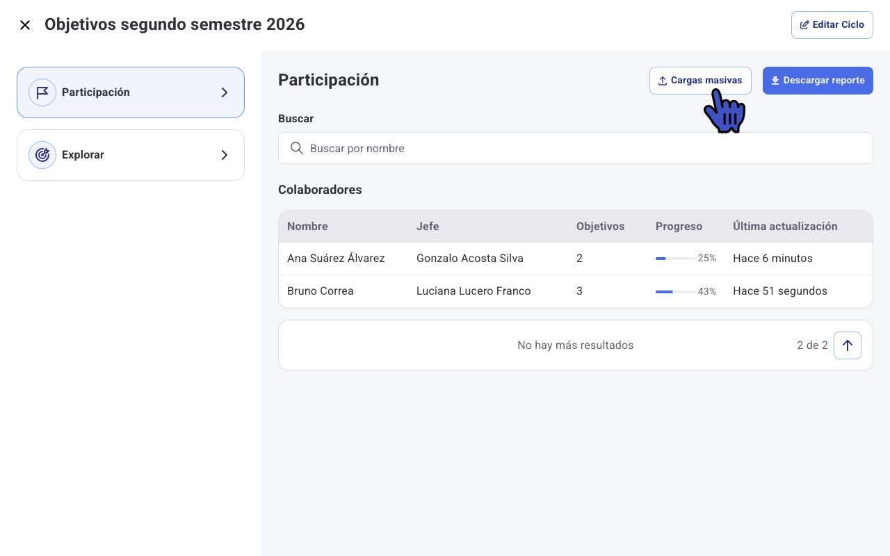 Botón Cargas masivas en la sección Participación del ciclo