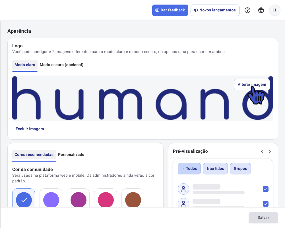 Seção Logo no modo claro com os botões Alterar imagem e Excluir imagem