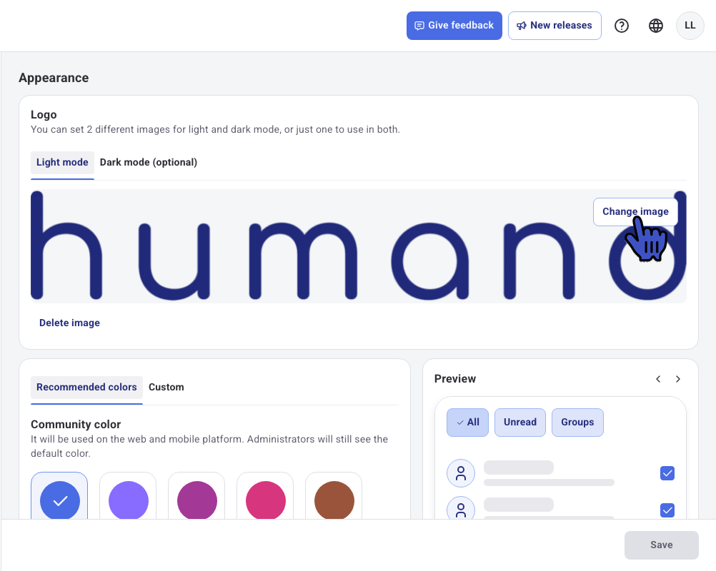 Logo section in light mode with the Change image and Delete image buttons