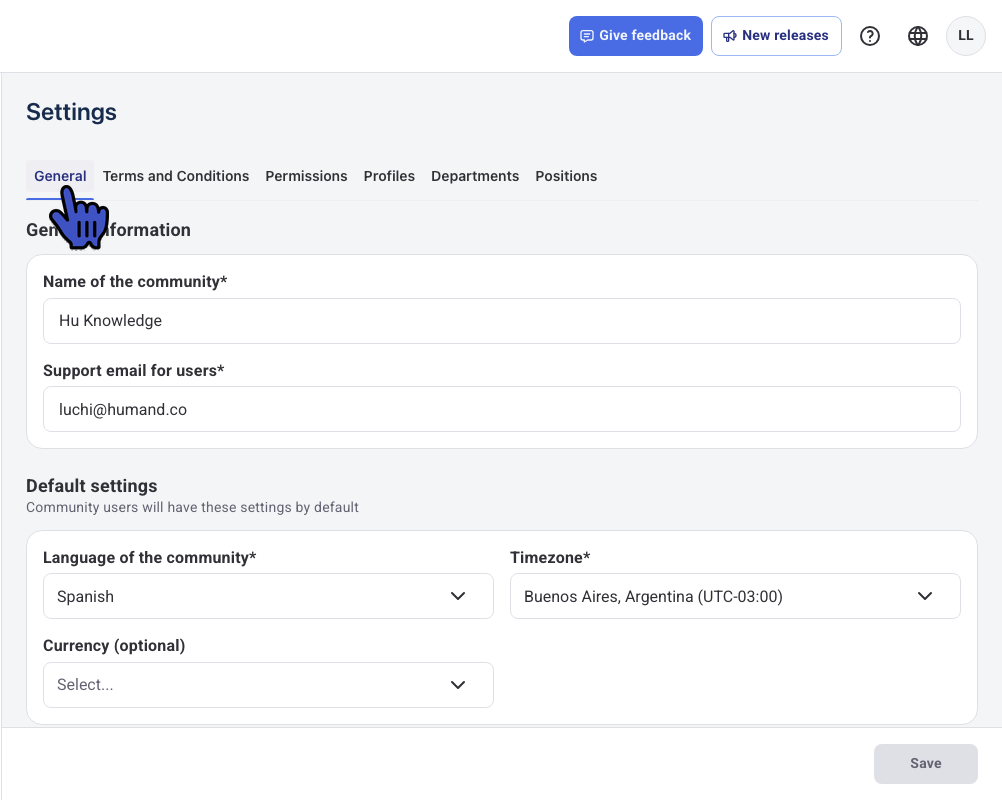 General tab in Settings on the Admin Panel