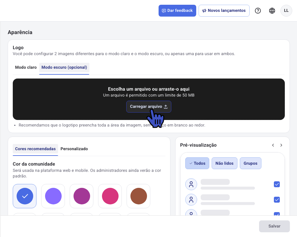 Aba Modo escuro da seção Logo com a área para carregar arquivo