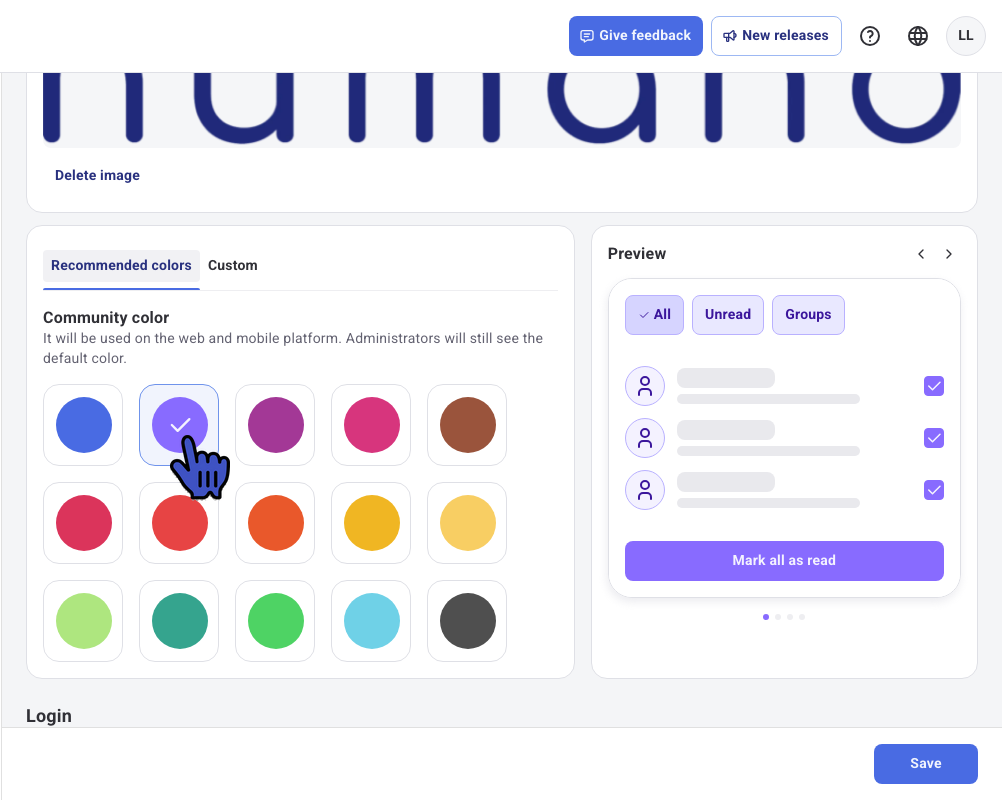Recommended colors with one color selected and the updated Preview
