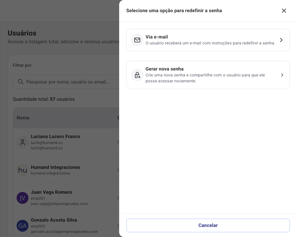 Painel Selecione uma opção para redefinir a senha com as opções Via e-mail e Gerar nova senha