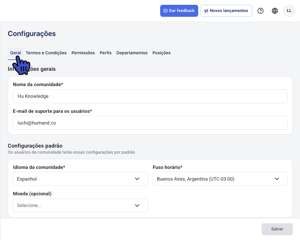 Aba Geral de Configurações no Painel de Administrador