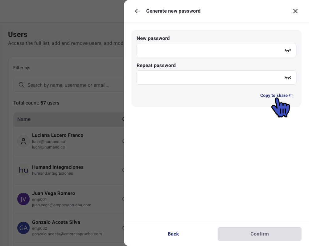 Generate new password panel with the New password and Repeat password fields and the Copy to share option