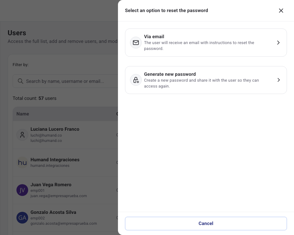 Select an option to reset the password panel with the Via email and Generate new password options