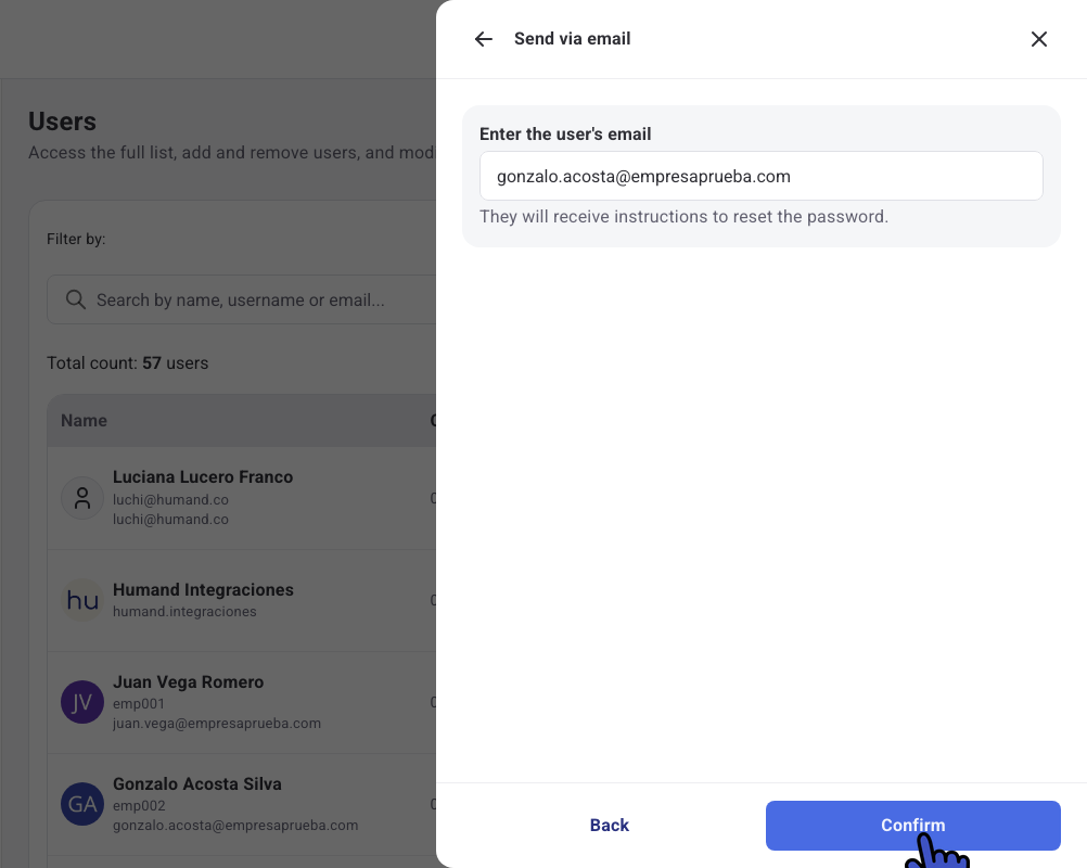 Send via email panel with the user's email and the Confirm button