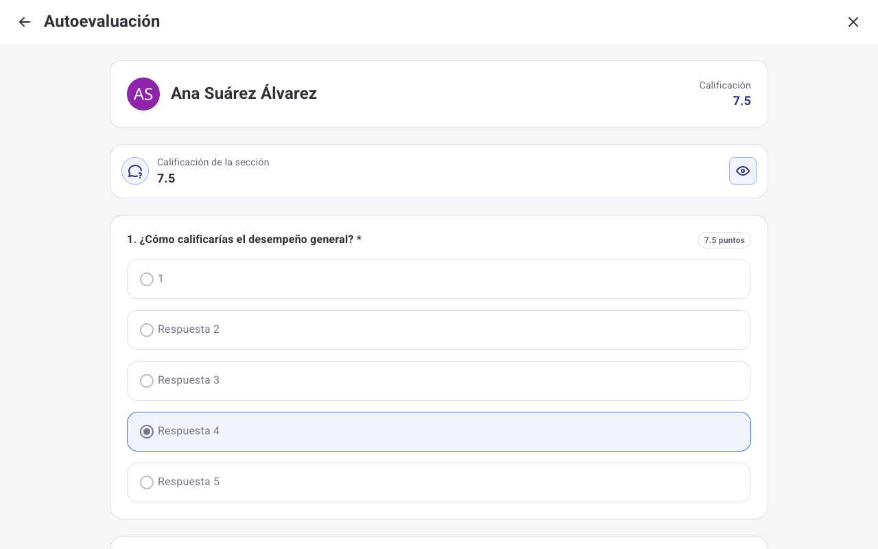 Detalle de puntaje activado, con los puntos obtenidos en la pregunta