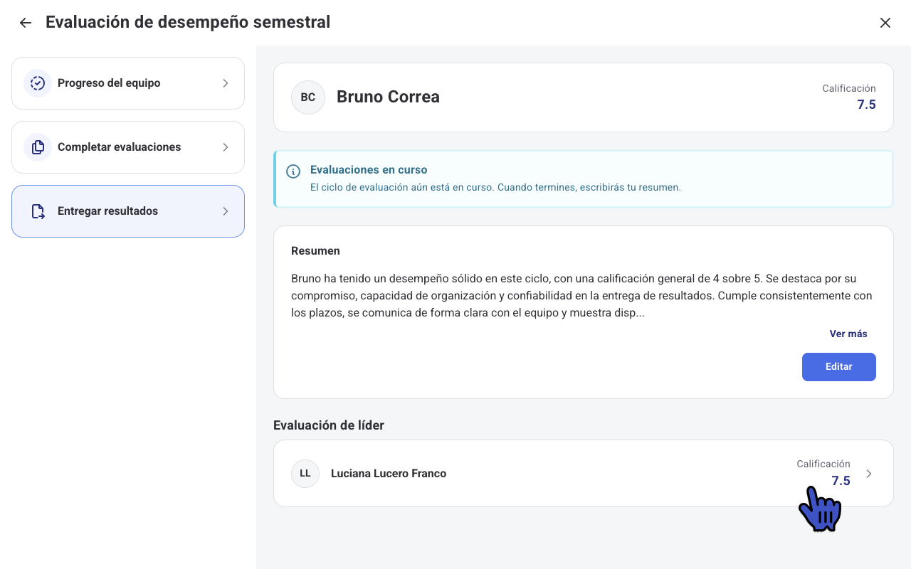 Entregar resultados con la calificación del colaborador y la evaluación de líder