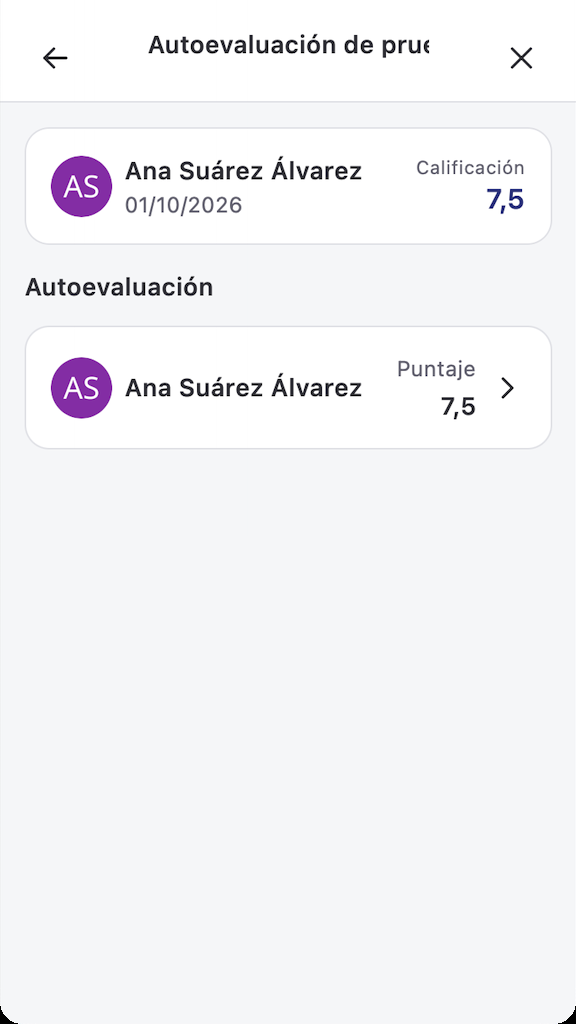 Calificación final y calificación de la autoevaluación en la app
