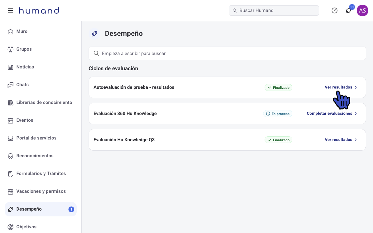 Listado de ciclos de evaluación con la opción Ver resultados