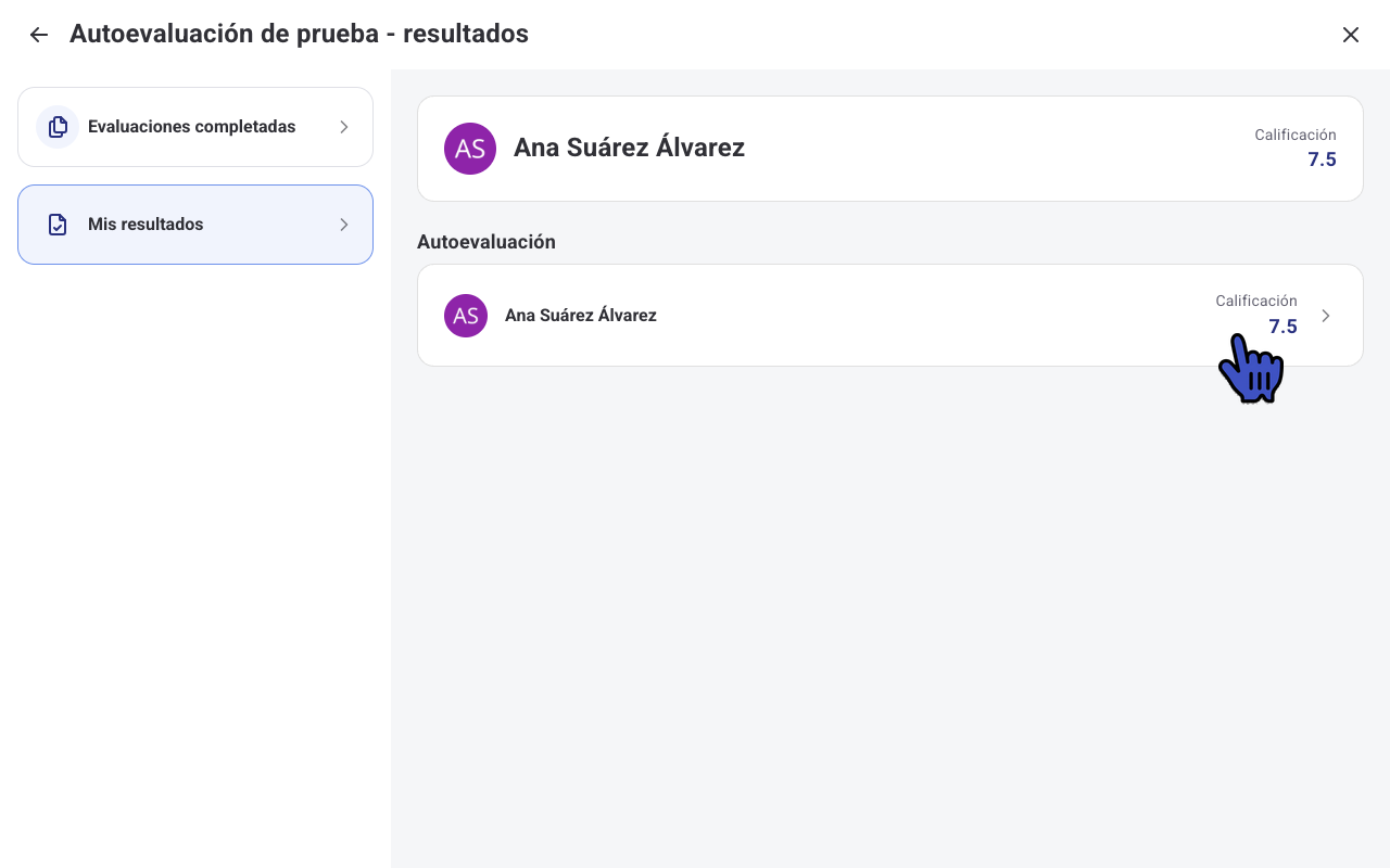 Mis resultados con la calificación final y la calificación de la autoevaluación