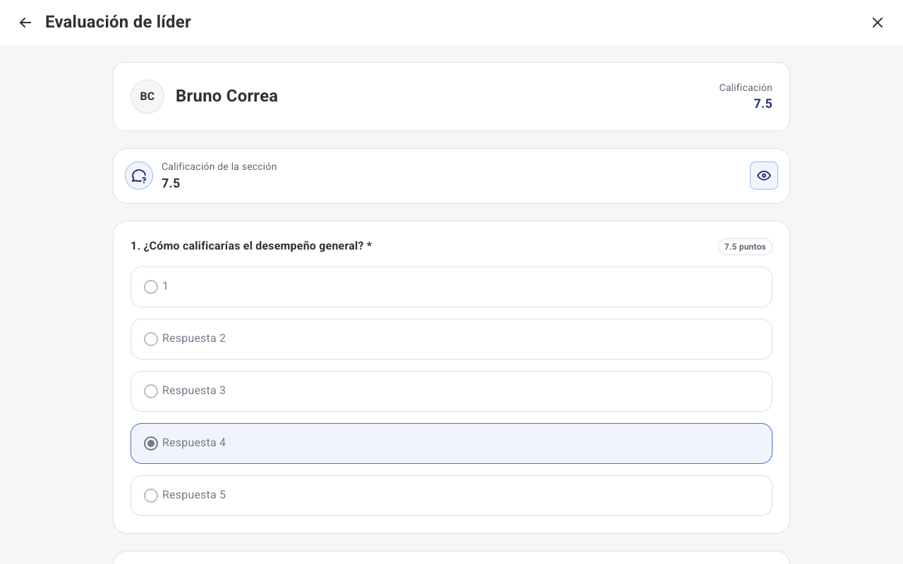 Evaluación de líder con el detalle de puntaje activado