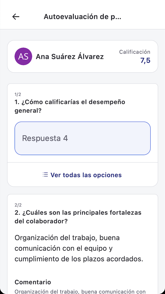 Respuestas de la autoevaluación en la app