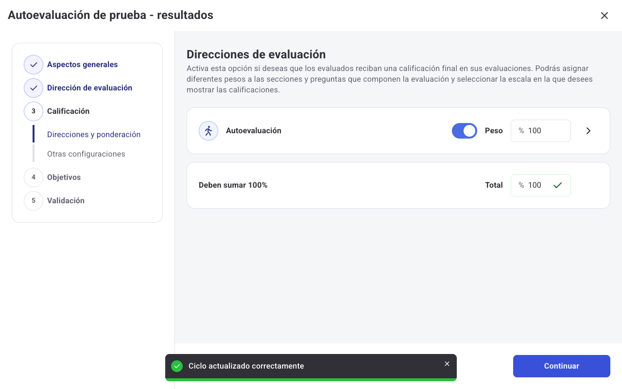 Paso Direcciones y ponderación con la calificación activada en una dirección y su peso