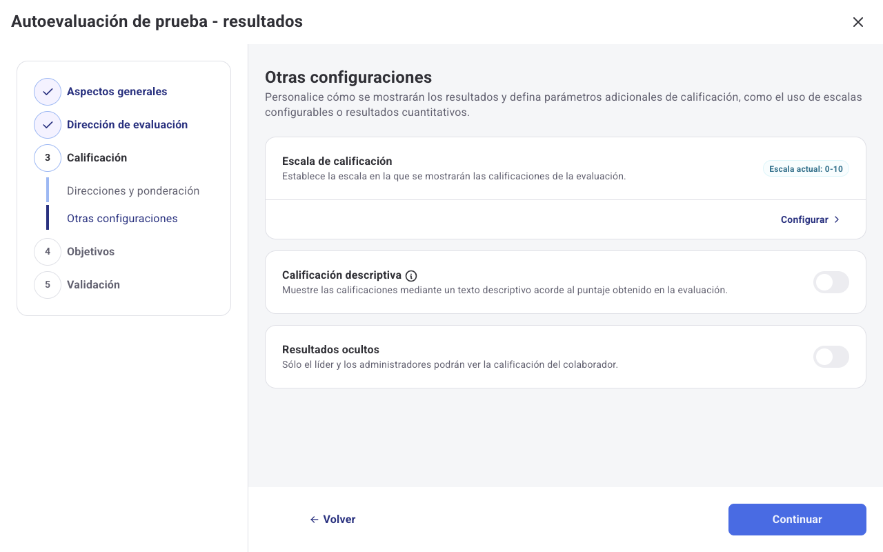 Paso Otras configuraciones con la escala de calificación, la calificación descriptiva y los resultados ocultos