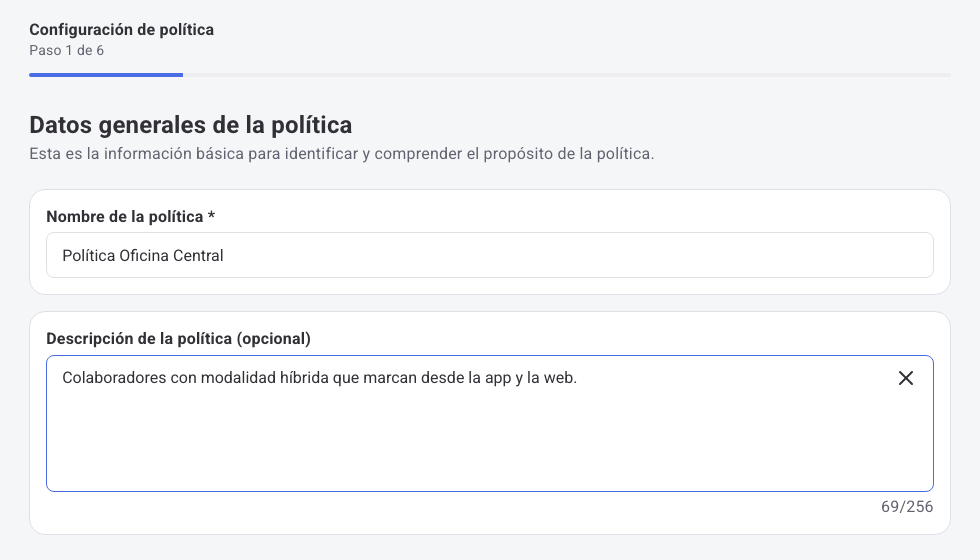Paso 1 de 6: Datos generales de la política con nombre y descripción