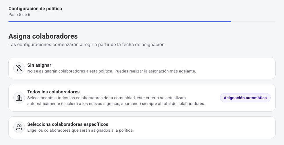 Paso 5 de 6: opciones para asignar colaboradores a la política