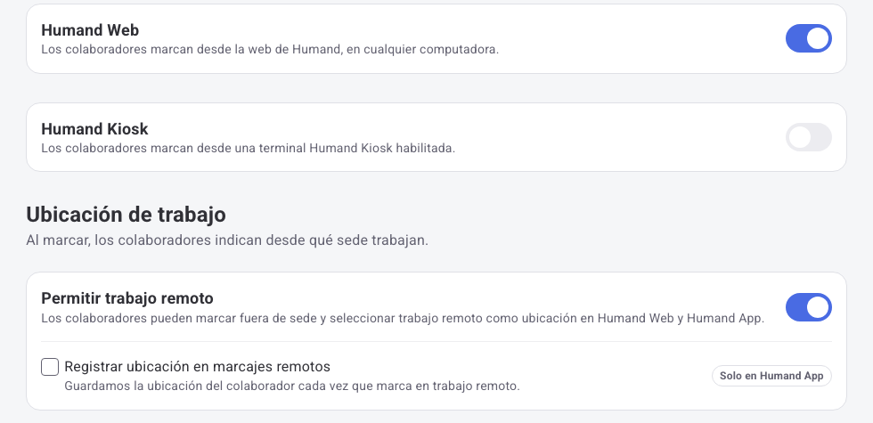 Ubicación de trabajo con Permitir trabajo remoto activo y la opción Registrar ubicación en marcajes remotos
