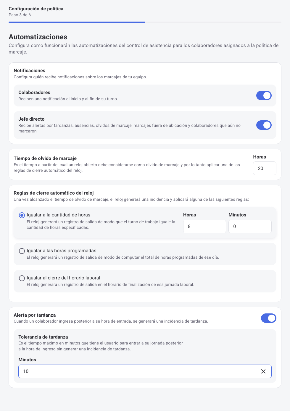 Paso 3 de 6: Automatizaciones con notificaciones, tiempo de olvido de marcaje, reglas de cierre automático y alerta por tardanza